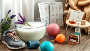 A bowl with Epsom salt and lavender sprigs, a sneaker, colorful exercise balls, herbal tea, and foot care products are on the floor near a chair with a blanket. Charts illustrating foot recovery tips and leg exercise routines are displayed in the background.