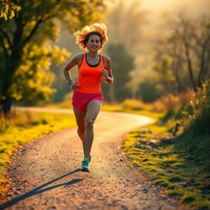 A person in an orange tank top and pink shorts is running light on a sunlit path surrounded by greenery. The scene is bright with a golden glow from the sun, casting long shadows that highlight the runner's graceful footwork and illuminate their hair.