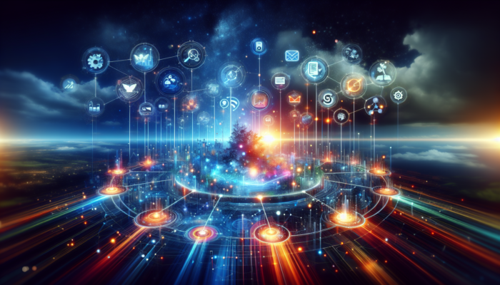 Digital ecosystem with nodes for SEO, PPC, social media, email, and content marketing, showing evolving trends.