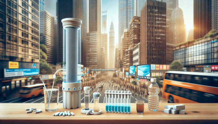 Urban scene showcasing various water purification devices including LifeStraw, Sawyer filters, and chemical tablets for ensuring safe drinking water.