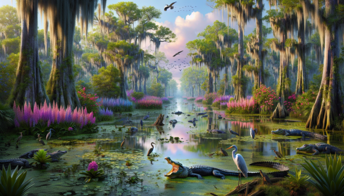 Vibrant swamp ecosystem featuring alligators, herons, cypresses, and orchids.