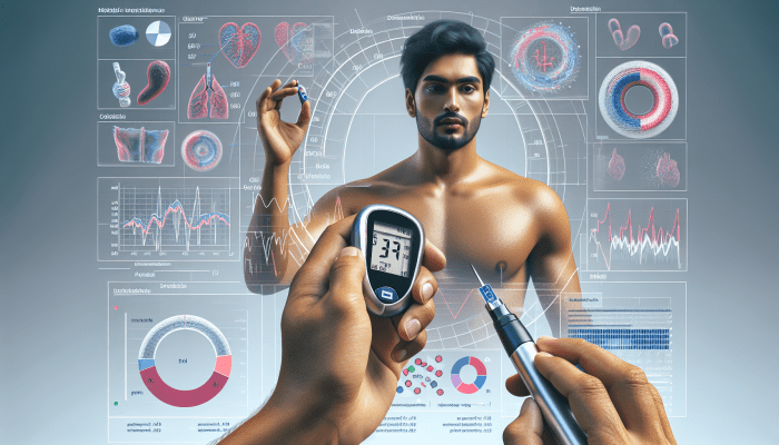 Person using glucometer to check blood glucose, with charts on metabolic efficiency and weight loss.