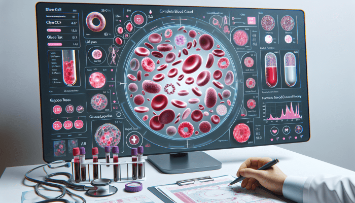 Microscopic blood cells with labels for CBC, lipid panel, glucose, and hormone tests on clinical background.