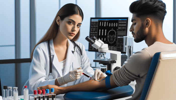 Phlebotomist drawing blood from patient's arm in modern lab, showing precision and care.