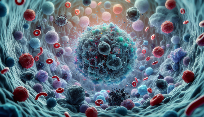 Microscopic view of cancer cells releasing tumor markers into blood and tissue, aiding diagnosis and monitoring.