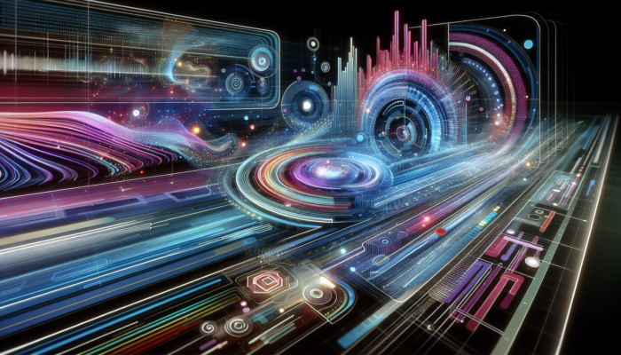 Futuristic digital interface showing interactive graphs and keywords for Google Adwords PPC bidding system.