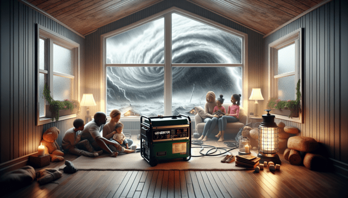 A family uses a portable generator during a storm-induced power outage, keeping essential appliances running for safety and comfort.