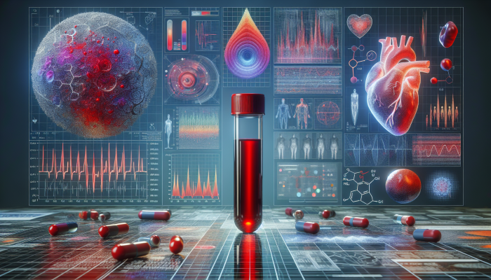 A medical lab scene with a 'Cortisol' labeled vial, charts, adrenal glands, and a heart.