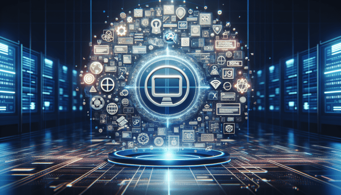 A vibrant digital interface with a guidebook, Google My Business logo, and floating keywords in a neon-lit workspace.