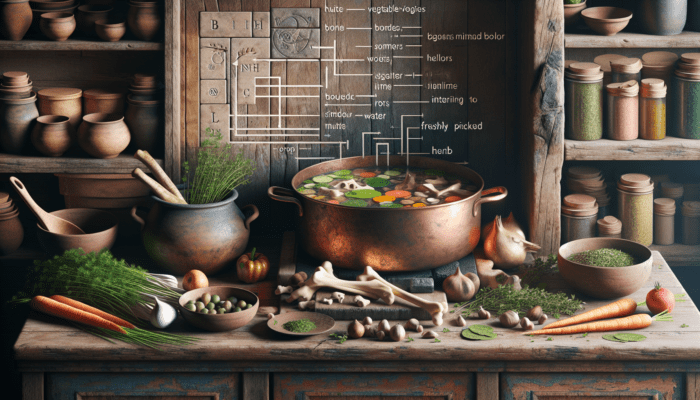 A pot simmering with vegetable scraps and bones, surrounded by herbs and a guidebook on making stock.