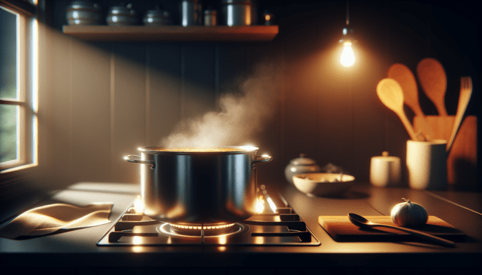 A pot simmering golden stock on a stove, steam rising, filling the kitchen with a rich aroma.