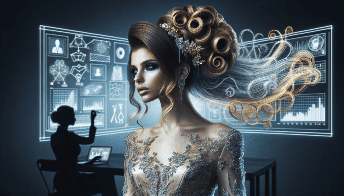 Elegant woman with long, flowing hair in intricate updos and curls, with sparkling accessories at a glamorous event.