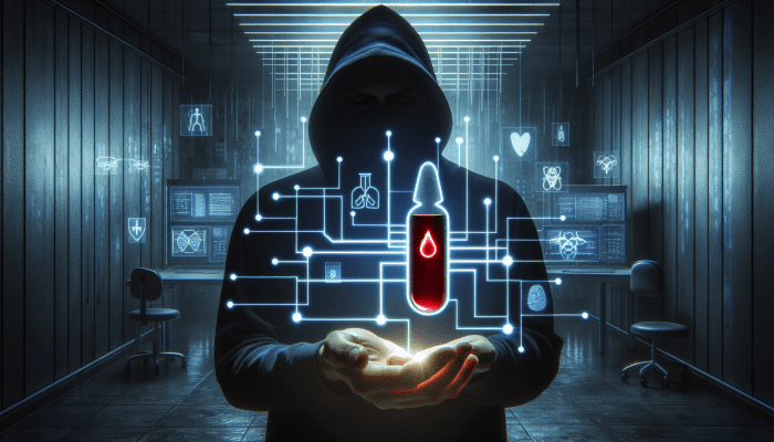 A hacker accessing medical records in a dark room, exposing sensitive blood test results, illustrating data breach risks in healthcare.