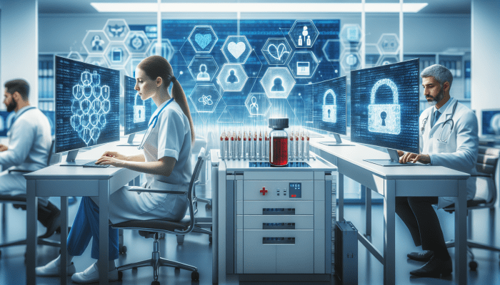 UK hospital staff using encryption on computers to secure patient data, ensuring privacy of blood test results.