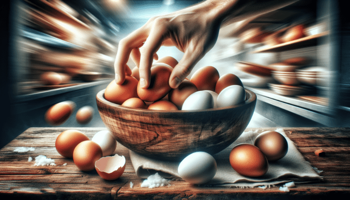 Selecting fresh, room-temperature eggs from a rustic bowl, illustrating the ease of peeling and firm texture.