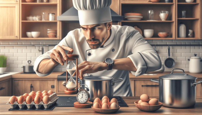 Chef using a timer to boil eggs perfectly, checking early and adjusting for stove and cookware.