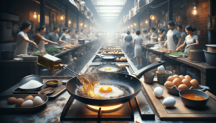 Non-stick pan sizzling with olive oil on medium-high heat, ready for frying eggs in a busy kitchen.