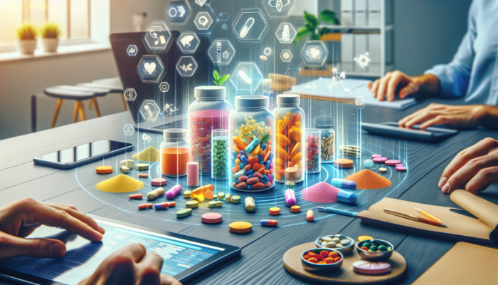 A colourful assortment of dietary supplements in pills, powders, and liquids on a desk.