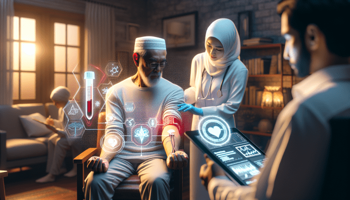 A healthcare professional conducting a home blood draw in Aylesbury, patient receiving results on a tablet.