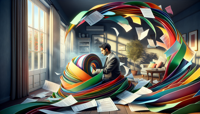 How Debt Consolidation Influences Savings Goals: A Comprehensive Guide | DCL Individual in the UK organizing colorful debt documents into one streamlined loan agreement, representing financial relief and stability.