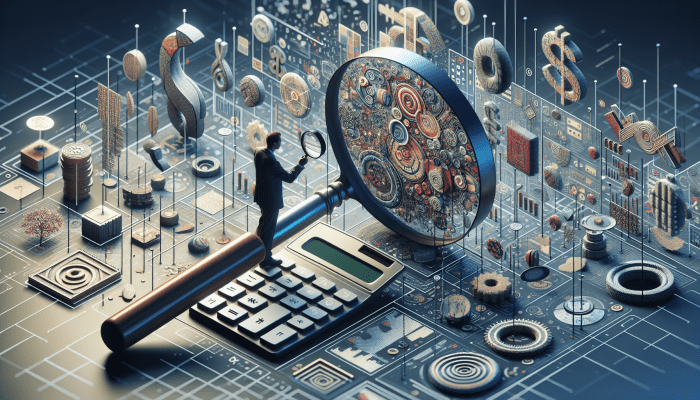 How Debt Consolidation Affects Savings Goals: A Comprehensive Guide | DCL Individual scrutinizing financial documents with a magnifying glass, surrounded by bills and a calculator, assessing debt consolidation terms.