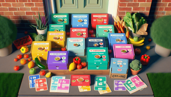 A vibrant selection of meal kits on a doorstep, clearly labelled as vegetarian and gluten-free, filled with fresh ingredients and detailed recipe cards.