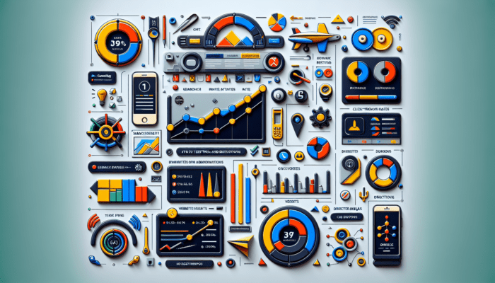 A modern dashboard showing business metrics like search appearances, click-through rates, and A/B testing results for business descriptions.