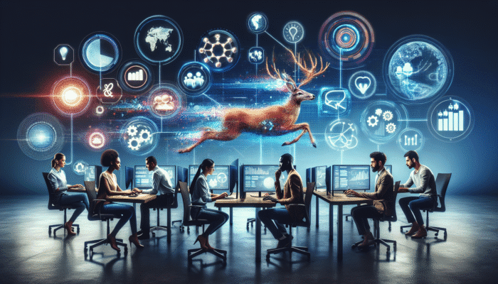 A diverse team of social media experts analysing data and crafting a tailored strategy in a vibrant office.