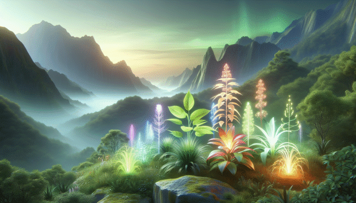 A serene landscape featuring glowing ginseng and ashwagandha plants against a misty mountain backdrop, symbolising stress relief.