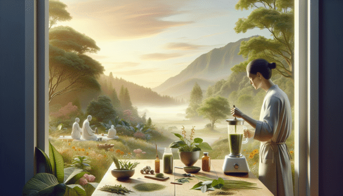 Person blending adaptogenic herbs into smoothie in nature, symbolising wellness integration.