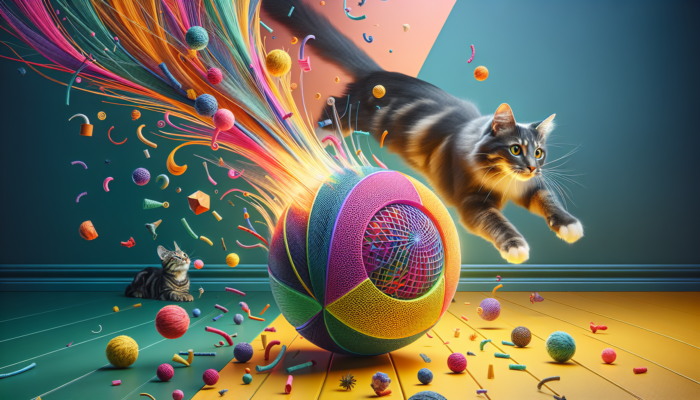 A vibrant catnip ball bouncing on a colorful wall, enticing a cat to chase and pounce.