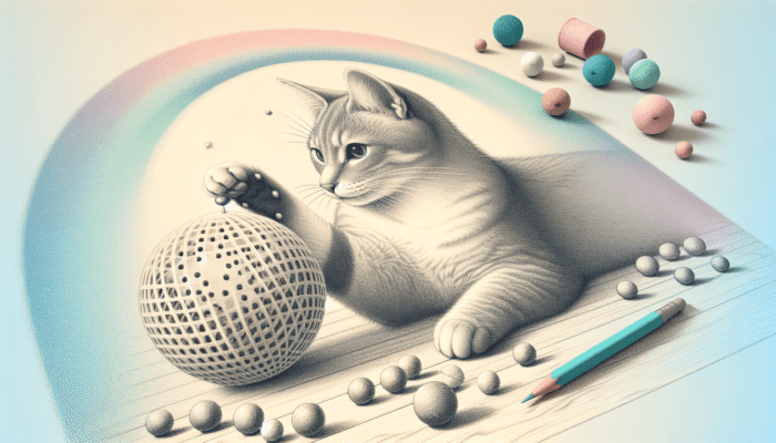 A serene cat playing with a catnip wall ball, showing relaxation and joy in a harmonious home.