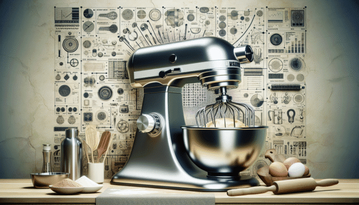 Powerful stand mixer with 500-watt motor kneading artisan bread dough on kitchen counter.