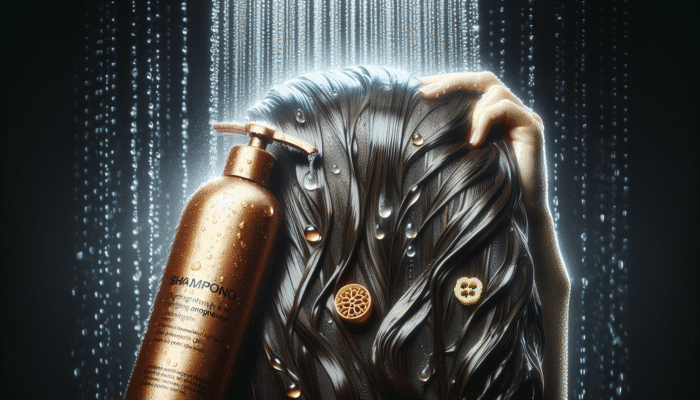Woman with thick hair using hydrating shampoo with jojoba oil and panthenol, showcasing moisture and shine.