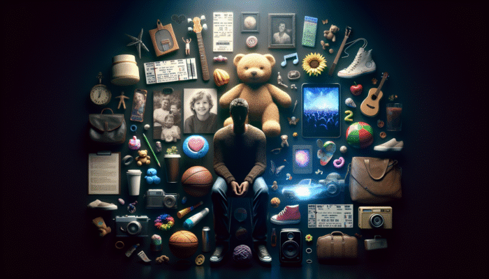 A person amidst categorized items like a teddy bear and concert tickets, evoking deep emotions.