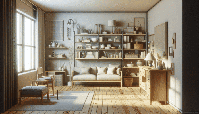 A serene room with a neatly filled shelf of sentimental items, symbolising emotional boundaries and clarity.