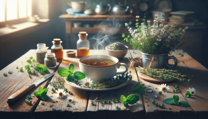 A steaming cup of thyme tea with fresh thyme, chamomile, and peppermint on a rustic table.