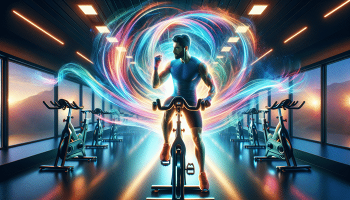 Person entering spin class, energized by pre-workout, ready to cycle with vibrant light trails.