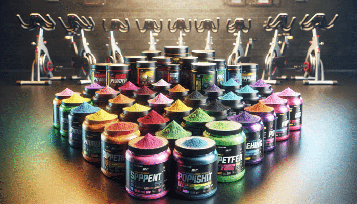 A colorful array of pre-workout supplements on a gym floor, with spin bikes in the background.