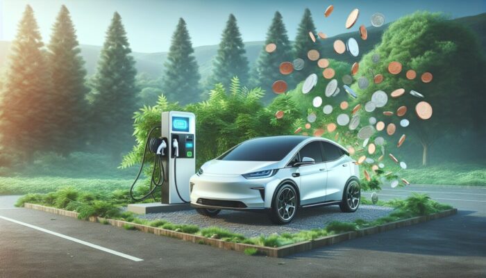 A modern electric car at a charging station surrounded by lush greenery, emphasizing cost savings.