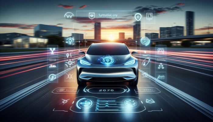 A sleek electric car featuring a futuristic dashboard, driving smoothly through a city at dusk.