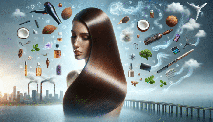 Woman showcasing repaired, shiny hair using coconut and argan oil, effectively combating environmental stressors and styling tools.