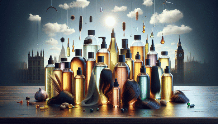 Various bottles of hair oils on a wooden table, labeled with benefits, suitable for different hair types against a UK weather backdrop.