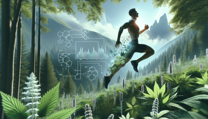 Athlete running uphill in forest with rhodiola and ashwagandha, showing increased oxygen flow and endurance.