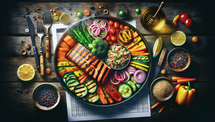 Grilled salmon, quinoa, and colourful vegetables on a rustic wooden table, steam rising.