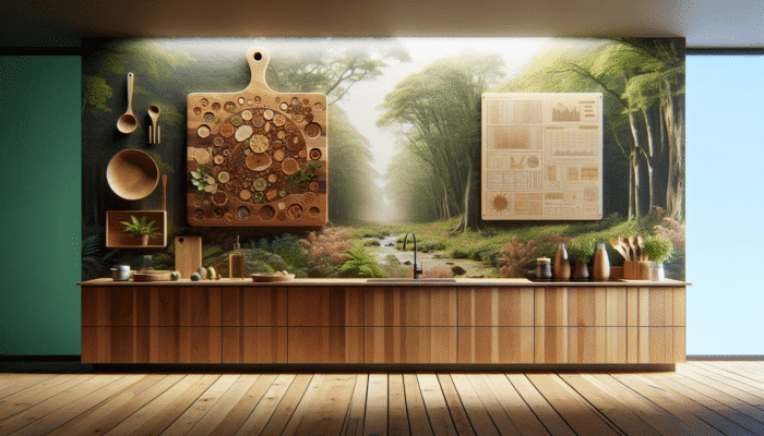 A sustainable kitchen scene with a wooden cutting board made from maple, walnut, and cherry, set against a sustainably managed forest.