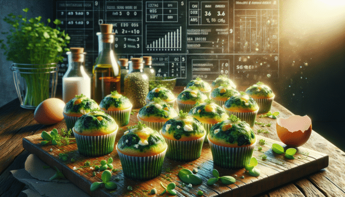 Freshly baked spinach and feta egg muffins on a rustic table, sprinkled with herbs, in morning sunlight.