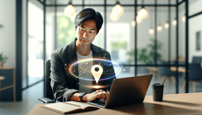 Person verifying Google Business Listing on laptop, with Google logo and map pin, enhancing online visibility.