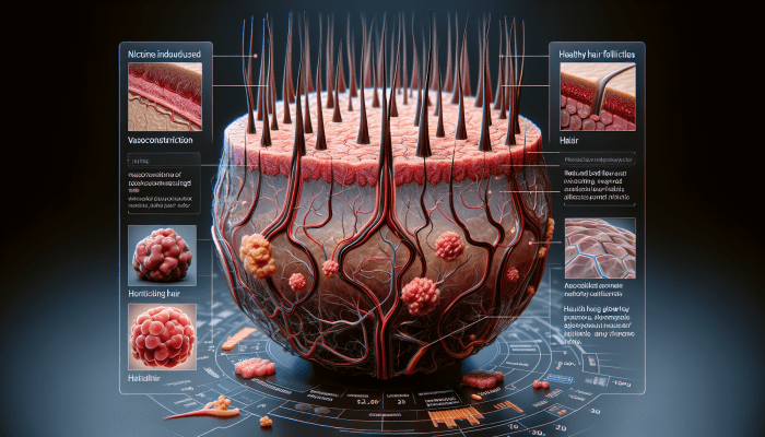 Cross-section of scalp showing nicotine-induced vasoconstriction and reduced blood flow to hair follicles, stunting growth.