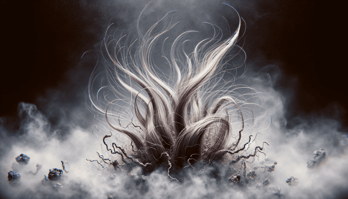 Close-up of smoker's dry, brittle hair snapping, with dissipating cigarette smoke in the background.